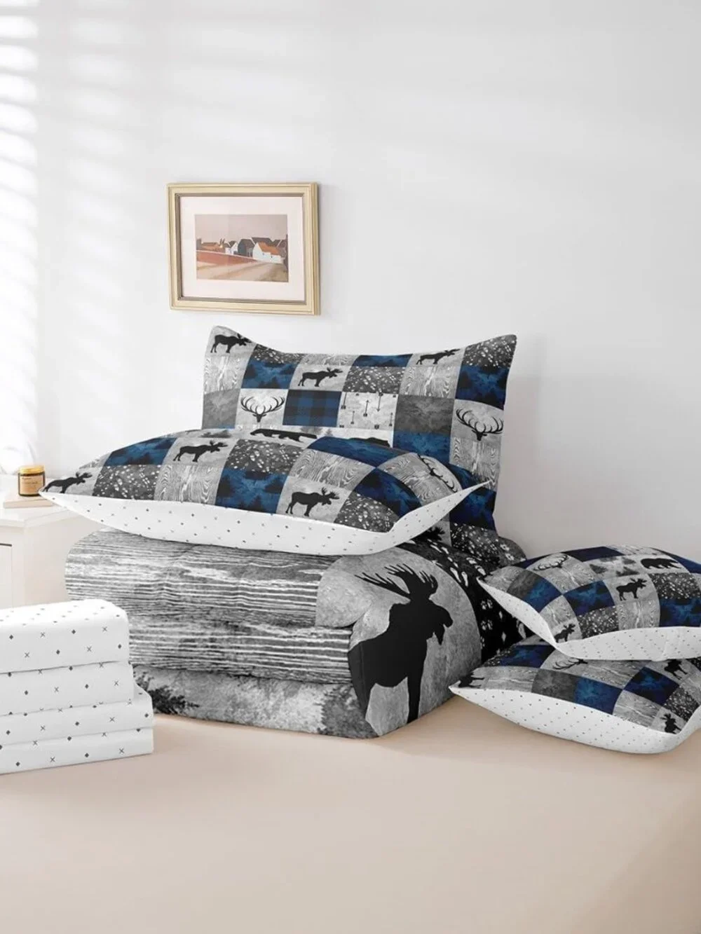 7 Pcs Hunting Animal Comforter Set Queen Size,Rustic Bear Deer Bed in a Bag with